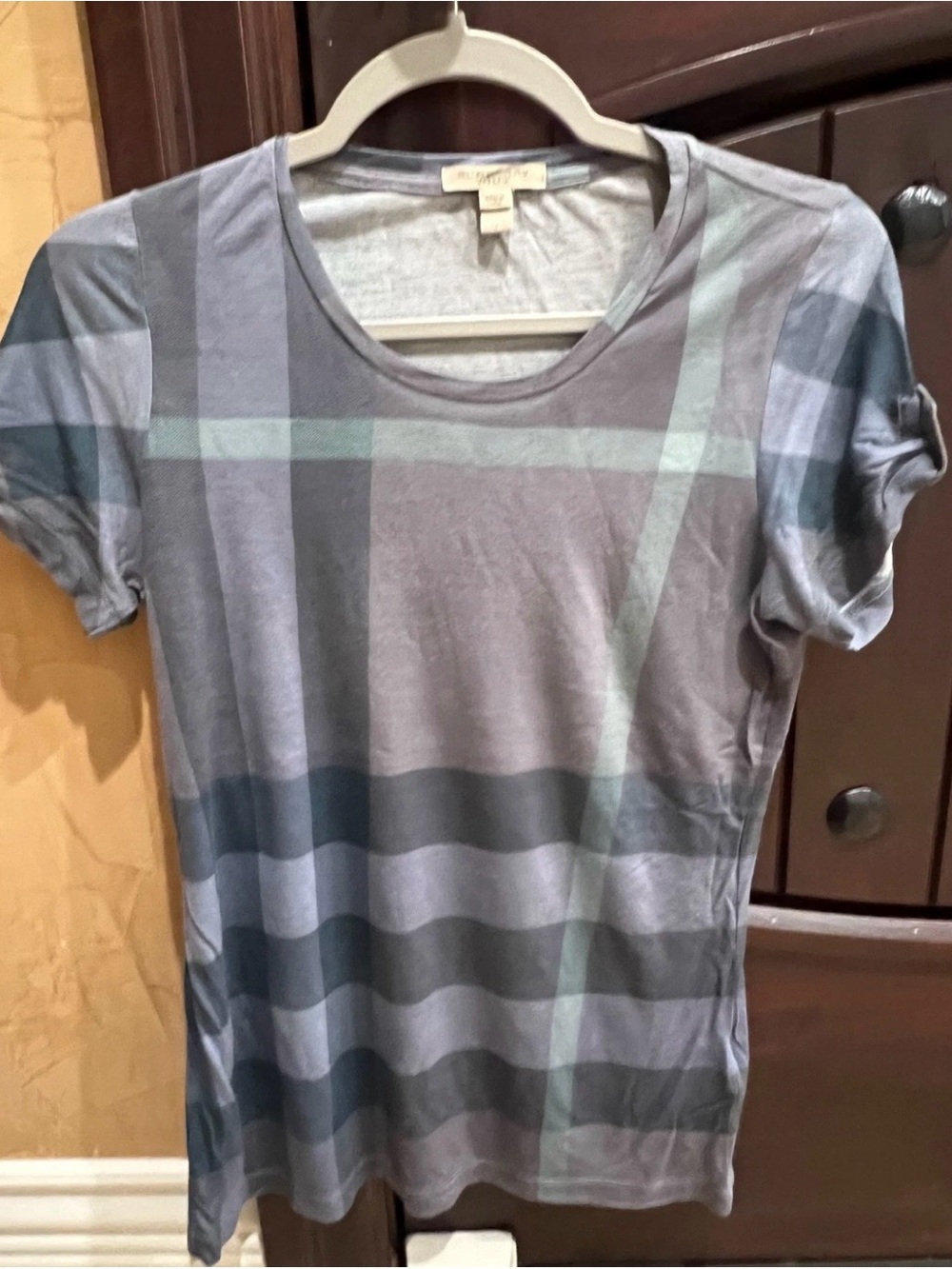 Burberry Women's Gray Plaid Short Sleeve Tee with Soft Blue Accents